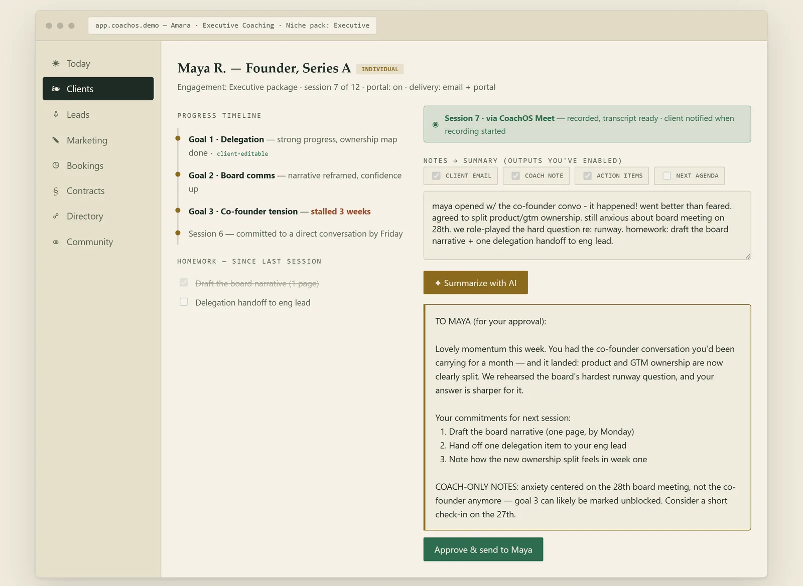 A client record — progress timeline, homework, rough notes and the AI-drafted summary awaiting approval